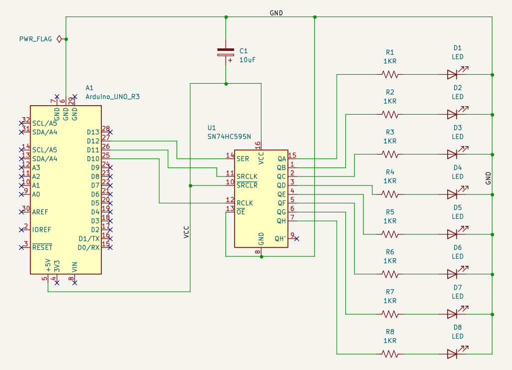 Schematic diagram of shift register with 8 LED outputs